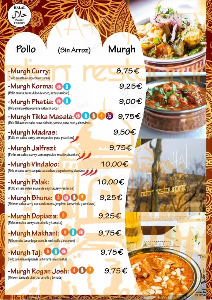 Taj Mahal Especialidades Tandoori Precios del Menú