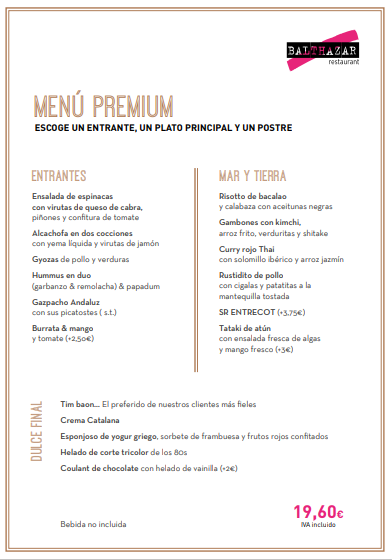 BALTHAZAR Menú Premium Precios