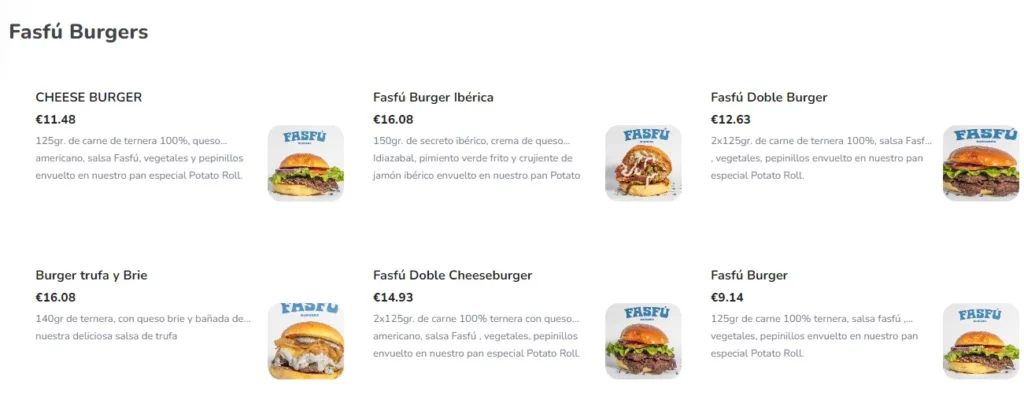 Fasfú Burgers Menú Precios