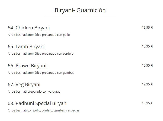 Radhuni Biryani Menú Con Precios