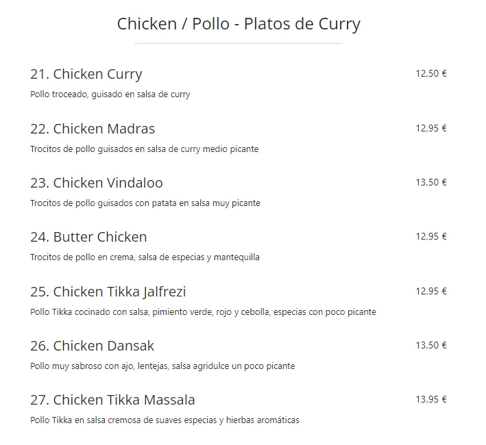 Radhuni Pollo Menú Precios