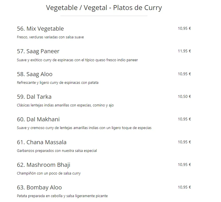 Radhuni Vegetales Precio de Menú